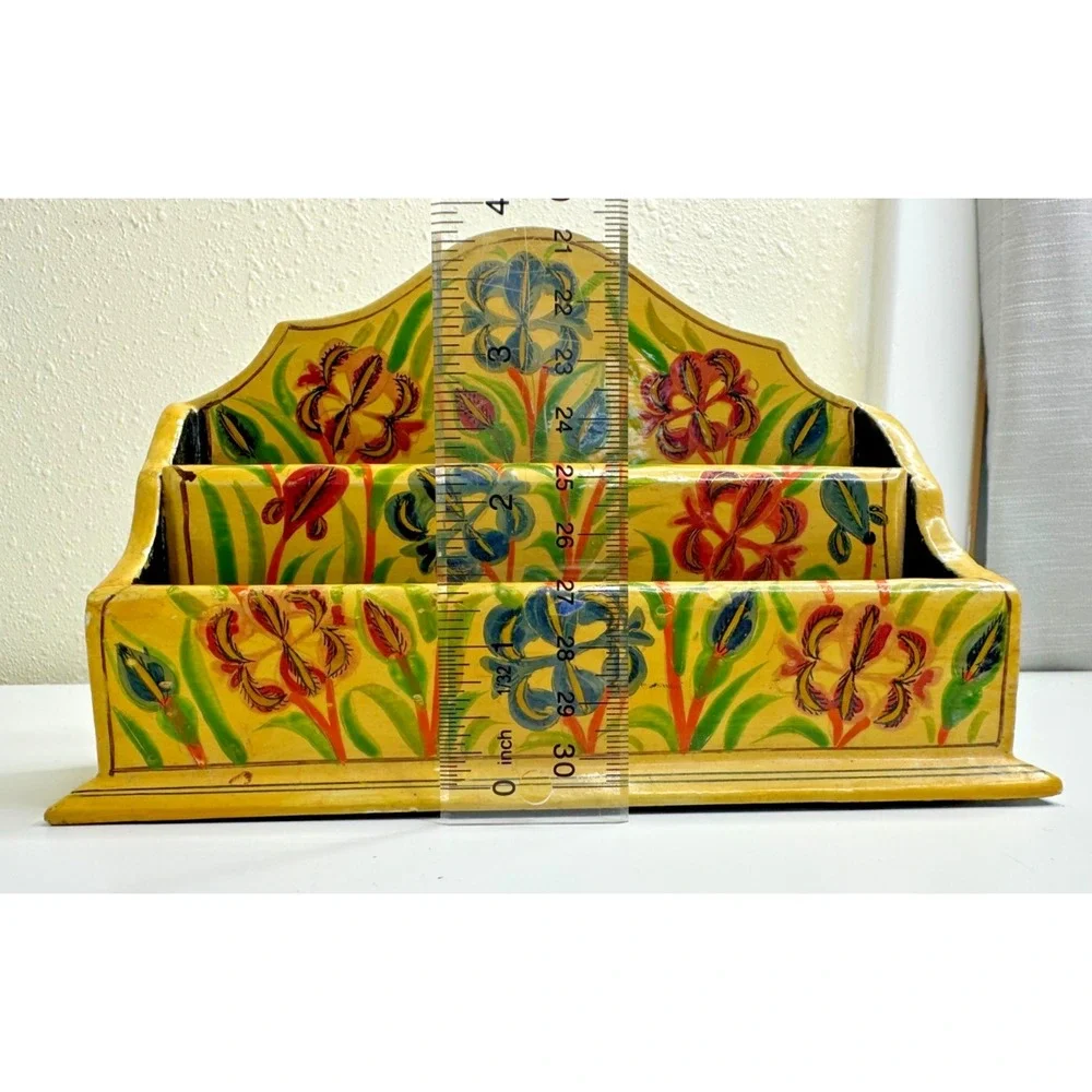 Desktop Letter Holder Yellow Painted Floral Organizer Paper Mache